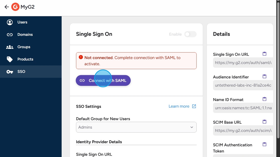 Configuring SAML Single Sign On for G2 Organizations - Step 1.jpeg